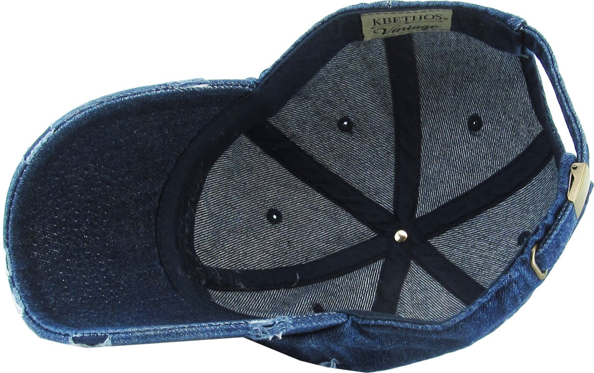 Dark Denim Distressed Vintage Baseball Cap Inside Turned Over View